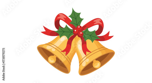 Festive golden jingle bells decorated with holly and red ribbon for holiday cheer