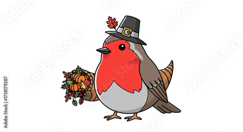 Festive robin illustration adorning a pilgrim hat and carrying a bountiful cornucopia design
