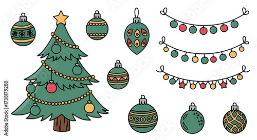 Festive holiday elements: A christmas tree and ornaments vector graphic design for joyful decoration