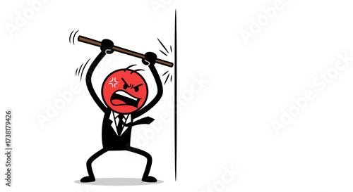 Frustrated Cartoon Businessman Expressing Intense Anger by Beating a Wall with a Stick