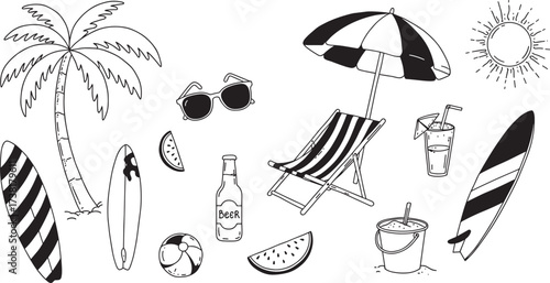 Beach-themed black and white illustration with umbrella, surfboards, drinks, watermelon, sunglasses, perfect for summer, vacation, leisure, and tropical vector design