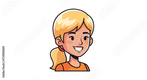 Illustrated cartoon portrait of a cheerful young woman with blonde hair and ponytail