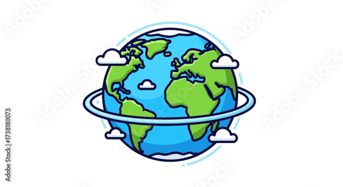 Illustrated Earth globe surrounded by clouds and satellite rings, showcasing global connection