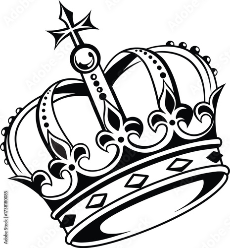 A vintage vector illustration of a crown of thorns made of floral and nature elements in a black silhouette style for tattoo design or symbol art
