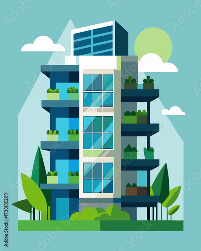 A modern apartment complex its sleek design featuring both vertical gardens and solar panels on its exterior offering both a connection to nature and a sustainable living option.. Vector illustration