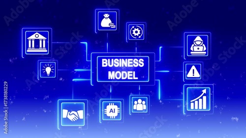 Wallpaper Mural Business Model Strategy Icons Network Diagram Glowing Blue Neon Lights Dark Background Conceptual Torontodigital.ca