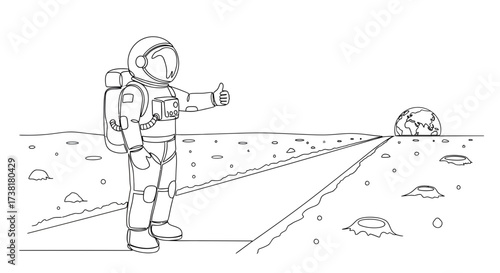 Lonely spaceman hitchhiking on the moon with a view of Earth, an illustration