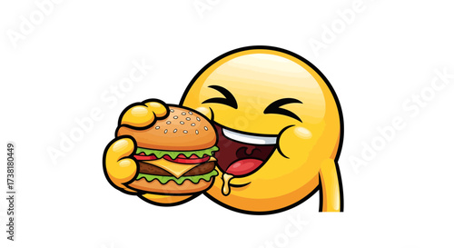 Joyful cartoon emoticon indulging in a scrumptious burger with great delight expression
