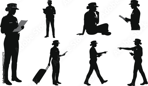 Security officer silhouettes, uniformed personnel vector, black graphic clipart, document reading poses, seated and pointing actions, travel enforcement design