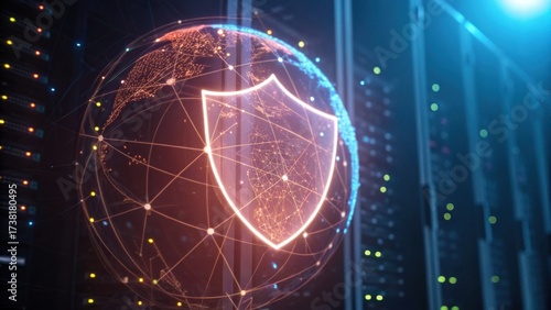 A digital representation of a secure globe, featuring a shield, symbolizing cybersecurity and data protection within a server environment.