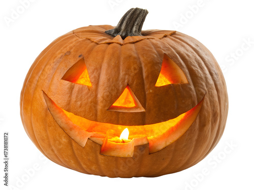Jackolantern isolated on transparent background, a carved pumpkin with a candle inside for halloween decoration
