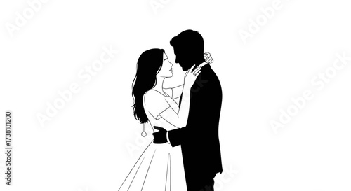 Silhouette of an elegant couple tenderly embracing against a stark white background backdrop