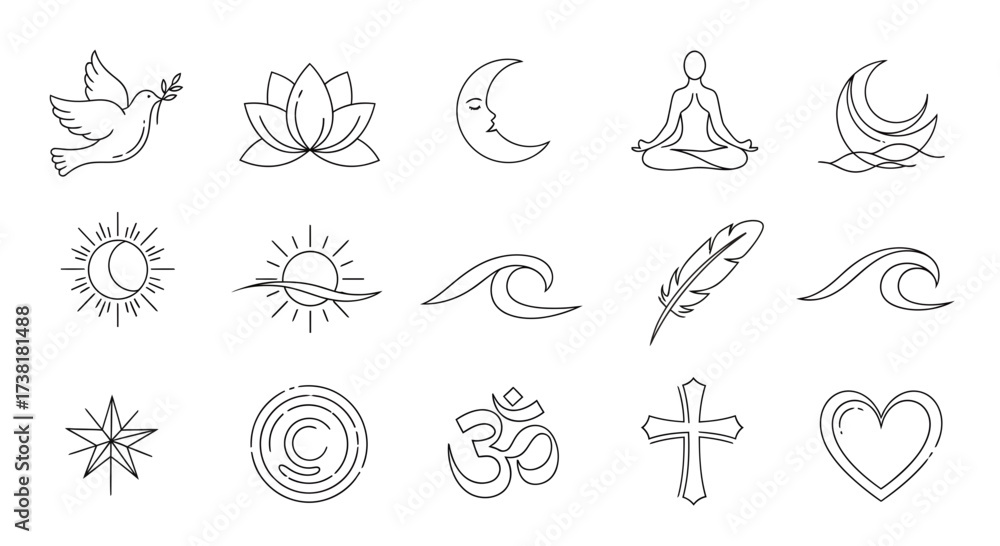 Fototapeta premium Spiritual and symbolic line art collection conveying peace, faith, and tranquility through nature