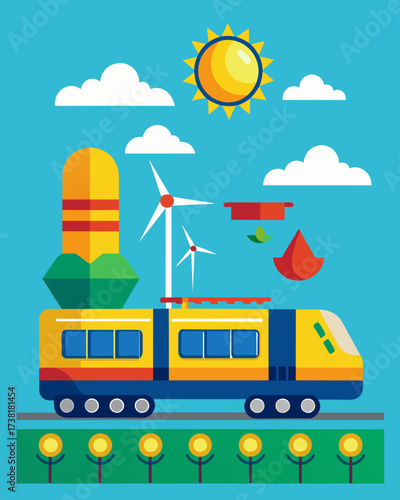 A themed train ride chugging along the tracks powered by a combination of solar and kinetic energy showcasing the power of renewable resources.. Vector illustration