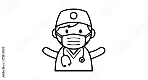 Simple line drawing of a cute masked doctor extending arms for a hug illustration