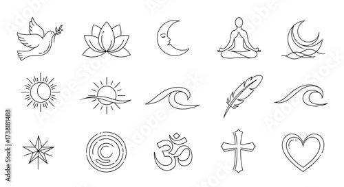 Spiritual and symbolic line art collection conveying peace, faith, and tranquility through nature