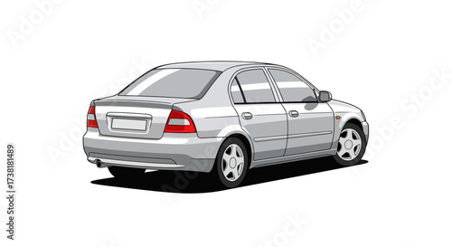 Sleek silver sedan rendered in a cartoon style illustration isolated on white background