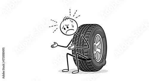 Stick Figure Overwhelmed by Flat Tire Situation Showing Frustration and Stress