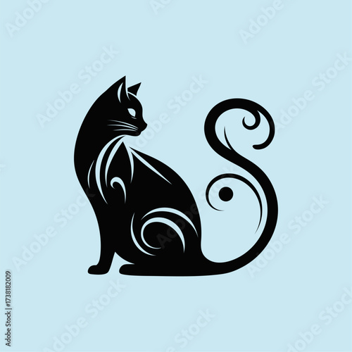 Elegant Black Cat Silhouette with Swirly Tail Design. Artistic black cat silhouette with decorative swirls and elegant posture. Perfect for logos, tattoos, Halloween, pets, or creative graphic design
