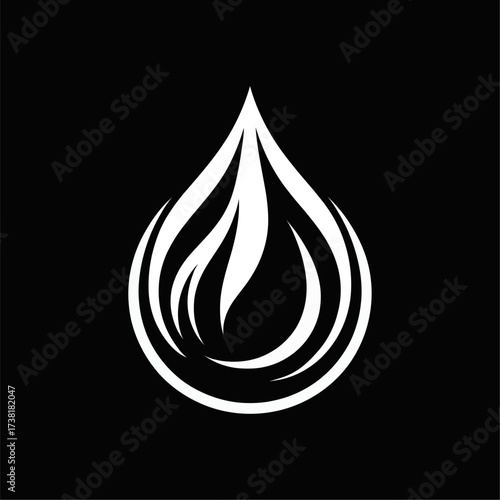 Abstract Flame and Water Drop Symbol in Black and White. Minimalist black and white illustration of a droplet combined with flame design. Perfect for logos, energy, nature, fire and water concepts, 
