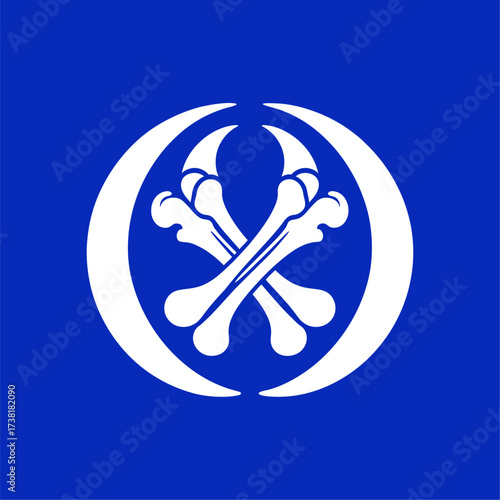Crossed Bones Emblem with Crescent Shape on Blue Background. Bold white crossed bones inside a crescent design on a blue background. Perfect for logos, symbols, pirate themes, gothic, 