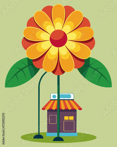 A solar charging station disguised as a giant inflatable flower providing both a whimsical decoration and practical use for festival attendees.. Vector illustration