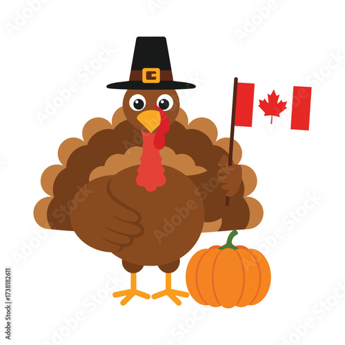 A cartoon turkey in a pilgrim hat holds a Canadian flag next to a pumpkin, celebrating Canadian Thanksgiving.