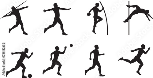 Silhouettes of athletes performing sports like javelin, sprinting, soccer, pole vault, discus, ideal for fitness, training, competition, and vector design