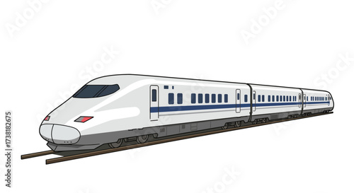 Sleek White and Blue High-Speed Train on Tracks Illustration.