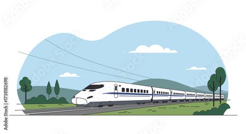 Sleek White Bullet Train on Tracks with Landscape Backdrop.