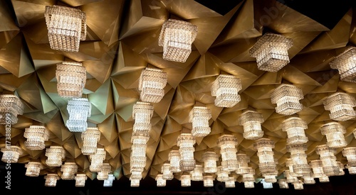 Modern pendant lights. Identical lights on the ceiling of the theater. beautiful ceiling lamp with light bulb, beautiful ceiling decoration with chandelier