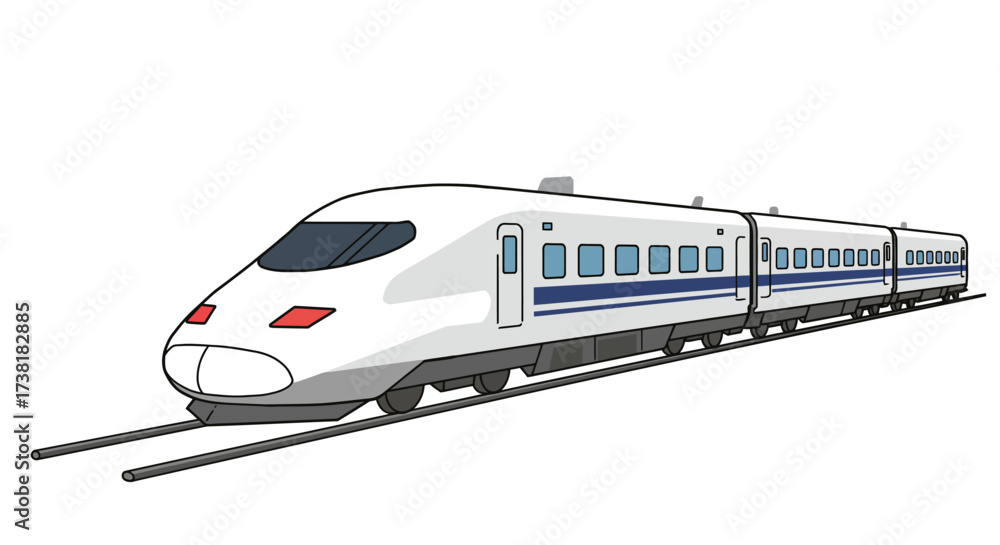Fototapeta premium Sleek White High-Speed Train with Blue Stripes on Tracks Illustration.