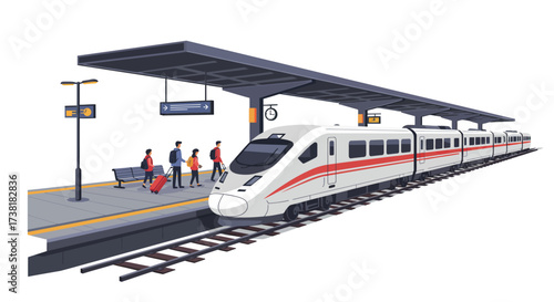 Modern High-Speed Train at Station Platform with Passengers.