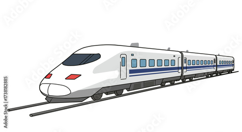 Sleek White High-Speed Train with Blue Stripes on Tracks Illustration.