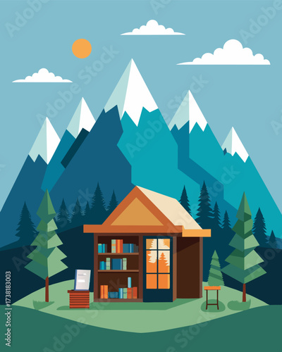 A rustic outdoor library in a mountain town surrounded by majestic peaks and powered by solar panels providing a cozy space for locals to gather and read.. Vector illustration