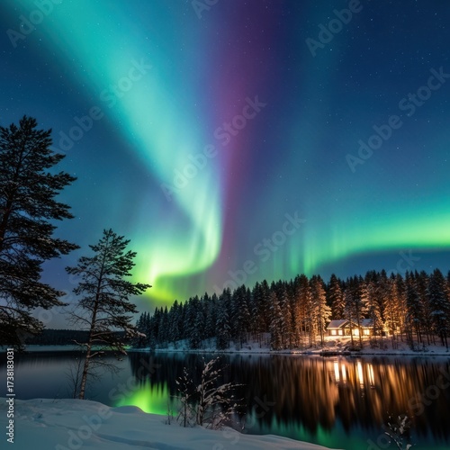 Wallpaper Mural Aurora Borealis dances over a snow covered forest and lake reflecting the lights Torontodigital.ca