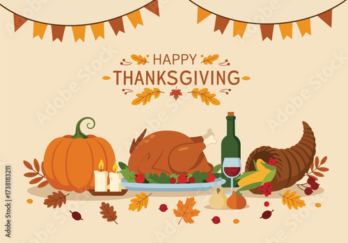 A festive Thanksgiving illustration featuring a roasted turkey, pumpkin, wine, and autumn leaves, with a banner of pennants overhead.