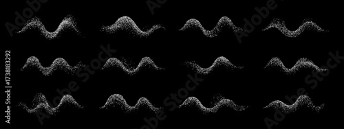 Set of twelve abstract stipple dot grain wave shapes as dynamic noise line patterns. Analog signal distortion on black background for graphic concept.