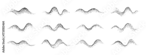Collection of isolated dot grain stipple noise vector waves with black particles forming abstract liquid shapes on white for design element.