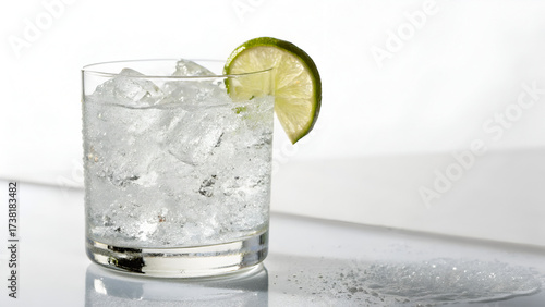 vodka soda with a lime and ice isolated on white background