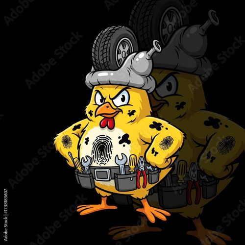 Hilarious cartoon chicken mechanic ready to fix your car with a tire hat and fingerprint, perfect for auto repair shops and funny automotive designs