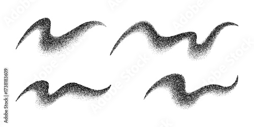 Four abstract black stipple dot wave shapes on a white background. Halftone gradient texture elements for design. Vector illustration.
