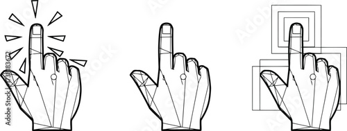 Set of vector hand cursor icons demonstrating clicking and selection actions in outline style isolated on white background