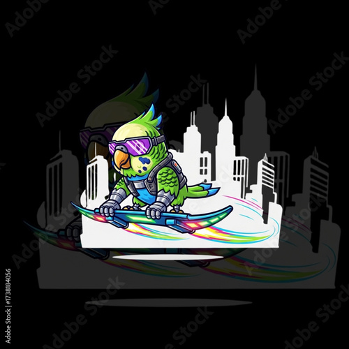 Funky parrot soars above the city skyline on a futuristic rainbow hoverboard, a vibrant and playful mascot character perfect for tech and gaming brands