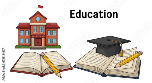 Cartoon illustration representing educational stages with school building, books and cap