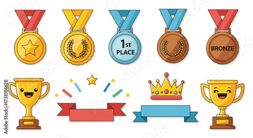 Cartoon style awards and achievements icons set with medals trophies banners and crown in vector