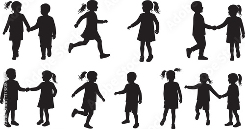 Silhouettes of children walking, running, and interacting in playful poses, ideal for education, childhood, friendship, and social behavior themed vector designs