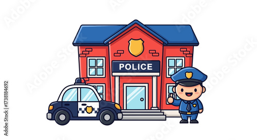Charming cartoon illustration featuring police officer, vehicle, and precinct depiction scene