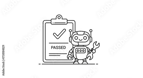 Conceptual robot holding a wrench with a clipboard indicating a passed status for technology and