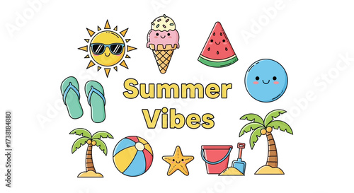 Delightful summer themed cartoon icons spreading cheer and vacation ambiance with summer vibes text